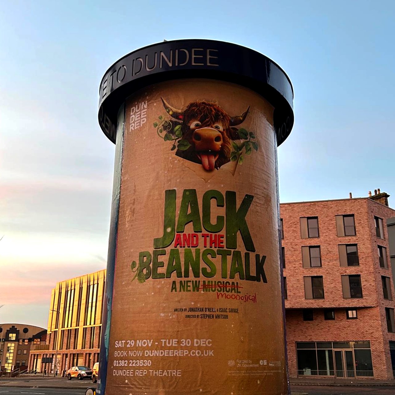 A Dundee Rep 'Jack and the Beanstalk' poster wrapped around a street column in Dundee
