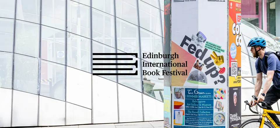 A city display pillar featuring an Edinburgh International Book Festival 2025 "Repair" campaign banner with the text Fed Up? and collage graphics