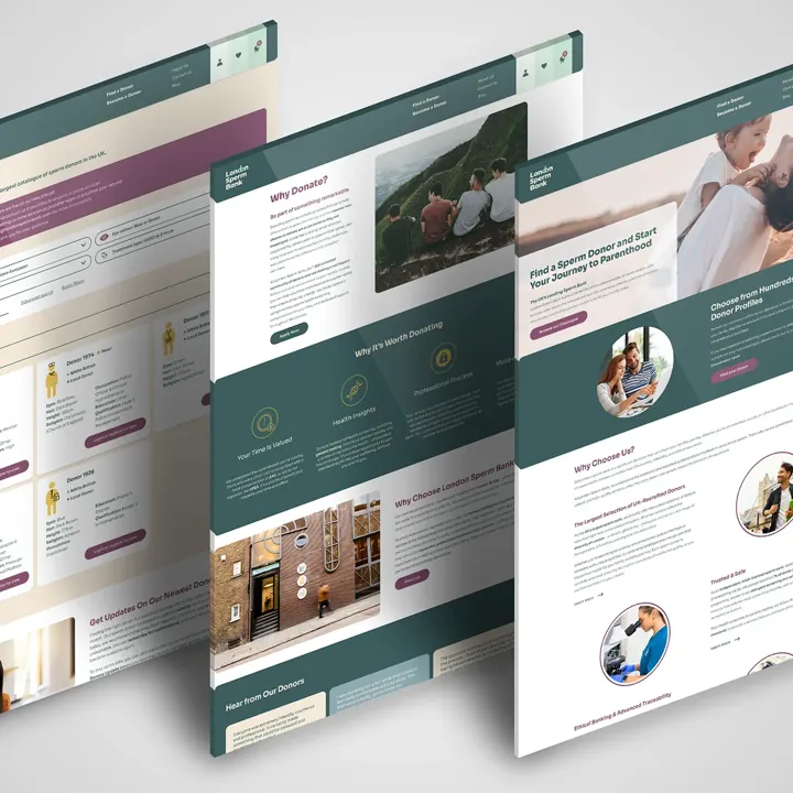 London Sperm Bank website pages laid out in a row