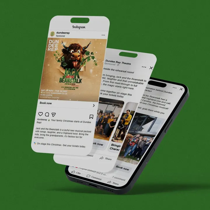 Phones showing Dundee Rep 'Jack and the Beanstalk' Instagram and Facebook adverts