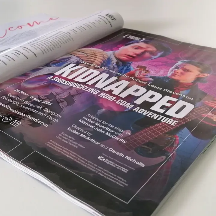A magazine advert for the National Theatre of Scotland's 'Kidnapped', a swashbuckling rom-com adventure