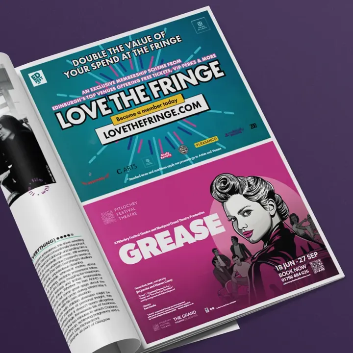 A magazine open at a Pitlochry Festival Theatre 'Grease' advert below a 'Love the Fringe' advert