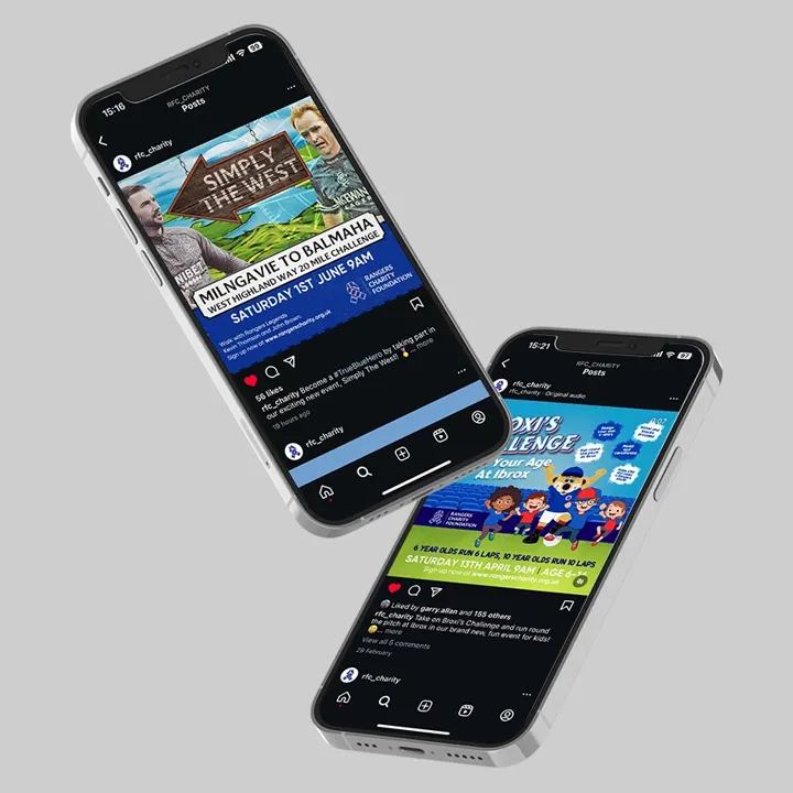 Two phones showing Rangers Charity Foundation Instagram posts for fundraising challenges