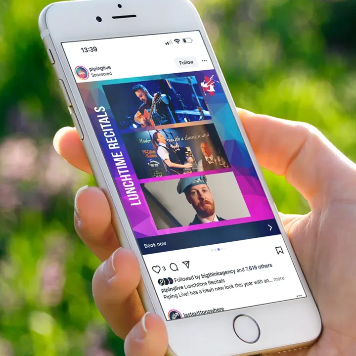 A phone showing a Piping Live! Instagram advert for lunchtime recitals