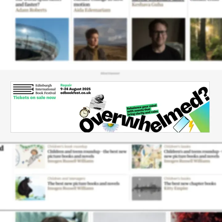 A website showing a display banner for the Edinburgh International Book Festival 2025 featuring the word Overwhelmed, as part of the Repair campaign.