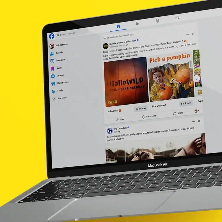 A laptop showing Blair Drummond Safari Park HalloWILD and 'Pick a pumpkin' Facebook adverts