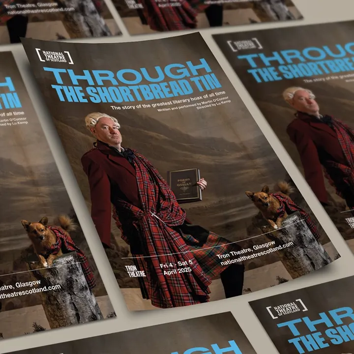 A collection of National Theatre of Scotland brochures for their production of Through the Shortbread Tin production in April 2025.