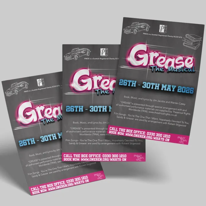 Three flyers for Paisley Musical and Operatic Society's 'Grease the Musical', 26th to 30th May 2026