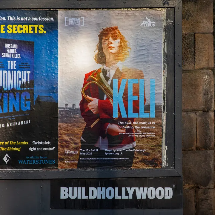 A printed poster for the National Theatre of Scotland production of Keli, showing performance dates at the Royal Lyceum Theatre, Edinburgh, from Tuesday 13th to Saturday 17th May 2025.