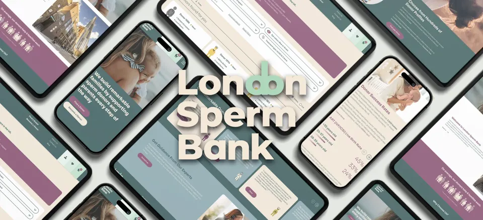 London Sperm Bank logo over a grid of phones showing the website
