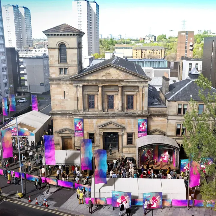 Aerial view of the Piping Live! festival stage and crowds outside the National Piping Centre, Glasgow