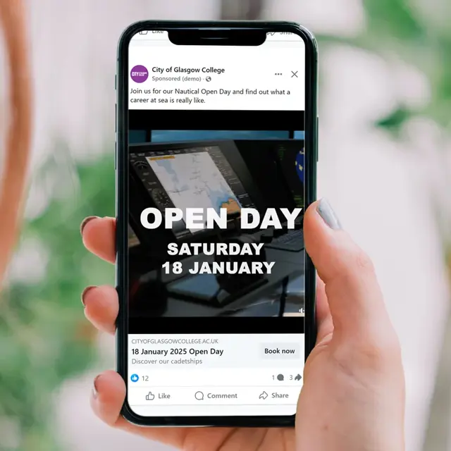 Mobile phone showing a sponsored post for the City of Glasgow College, advertising their Open Day on the 18th January 2025