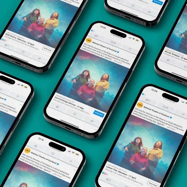 A smartphone screen displaying a paid social media advertisement for the National Theatre of Scotland's production of Shō and the Demons of the Deep.