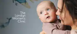 A banner image on the London Women's Clinic website showing a mother embracing her baby