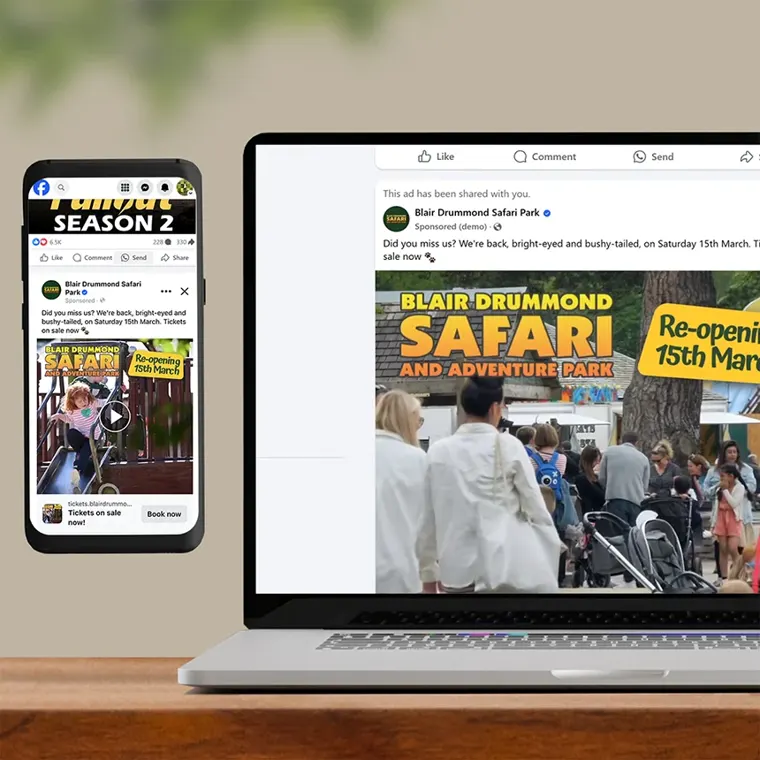 A smartphone and laptop display a Facebook ad for Blair Drummond Safari and Adventure Park. The ad features a "Re-opening 15th March" announcement, a video of a child on a slide, and a photo of families visiting the park.