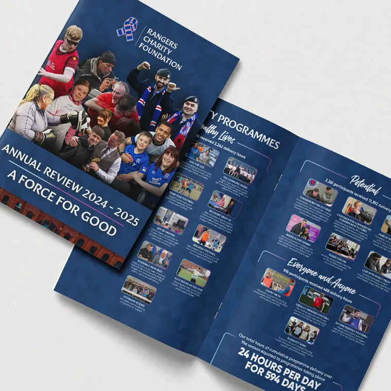 An open Rangers Charity Foundation Annual Review for 2024–2025 titled A Force for Good.