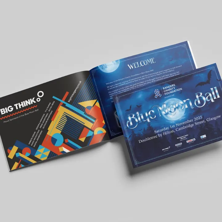 The Rangers Charity Foundation Blue Moon Ball programme, open at a Big Think sponsorship page