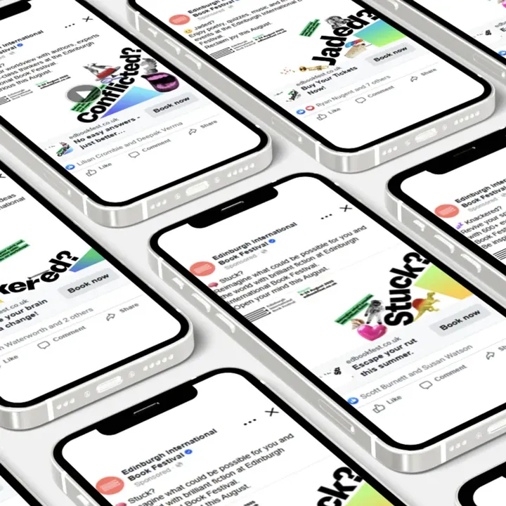 A collage for the Edinburgh International Book Festival's "Repair" campaign. It shows mobile phone screens displaying different emotive words including Conflicted, Jaded, Stuck and Knackered.