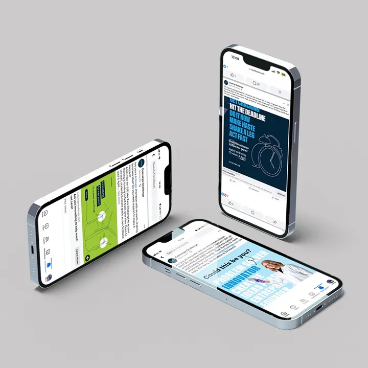 Three phones showing Converge Challenge social media adverts