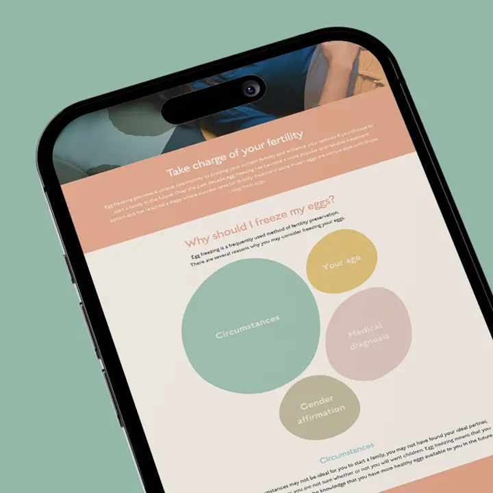 A smartphone showing the London Women's Clinic website, with a "Why should I freeze my eggs?" section and reasons including Circumstances, Your age, Medical diagnosis, and Gender.