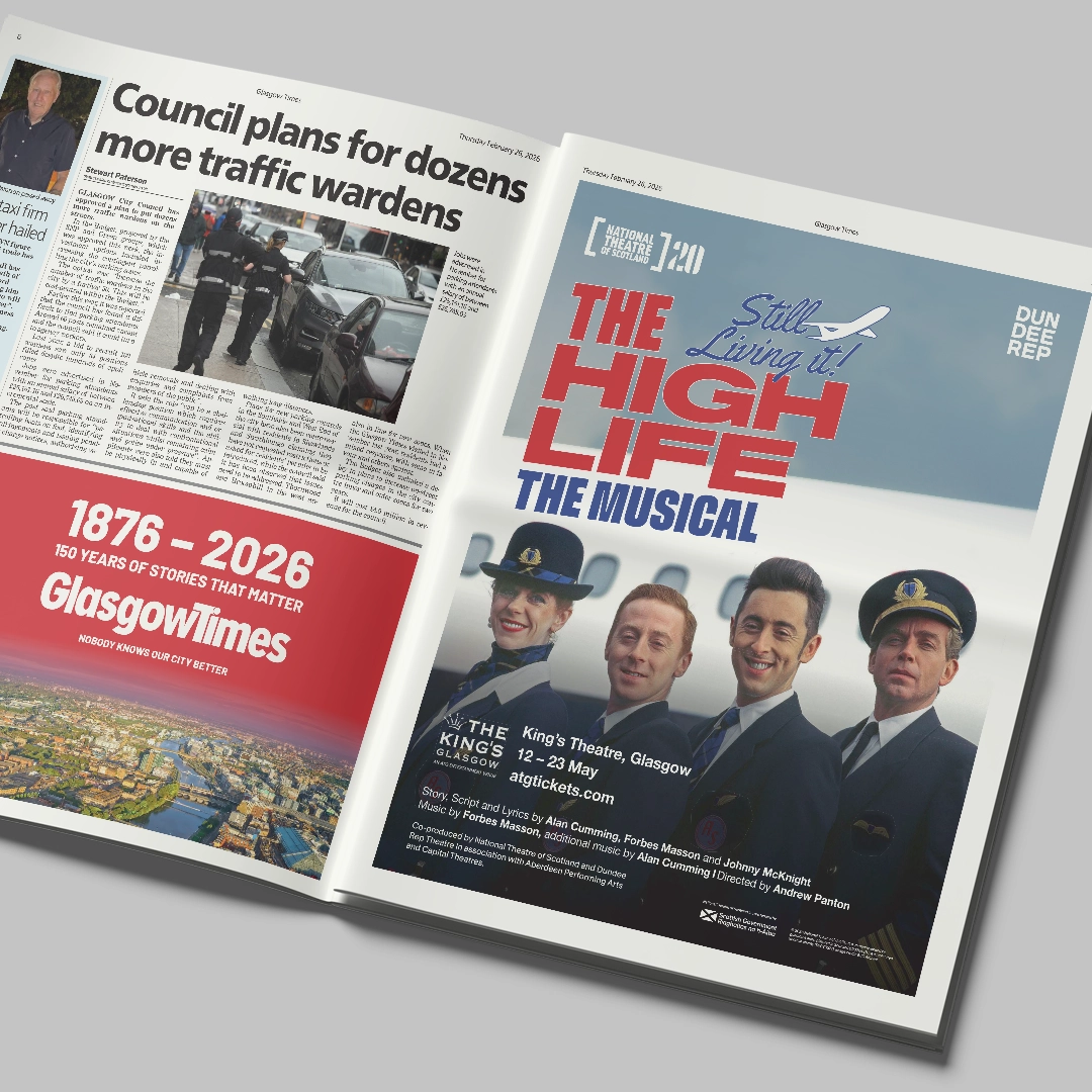 An open Glasgow Times newspaper with a full-page advert for 'The High Life: The Musical'