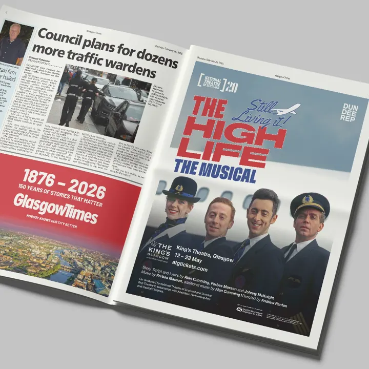 An open Glasgow Times newspaper with a full-page advert for 'The High Life: The Musical'