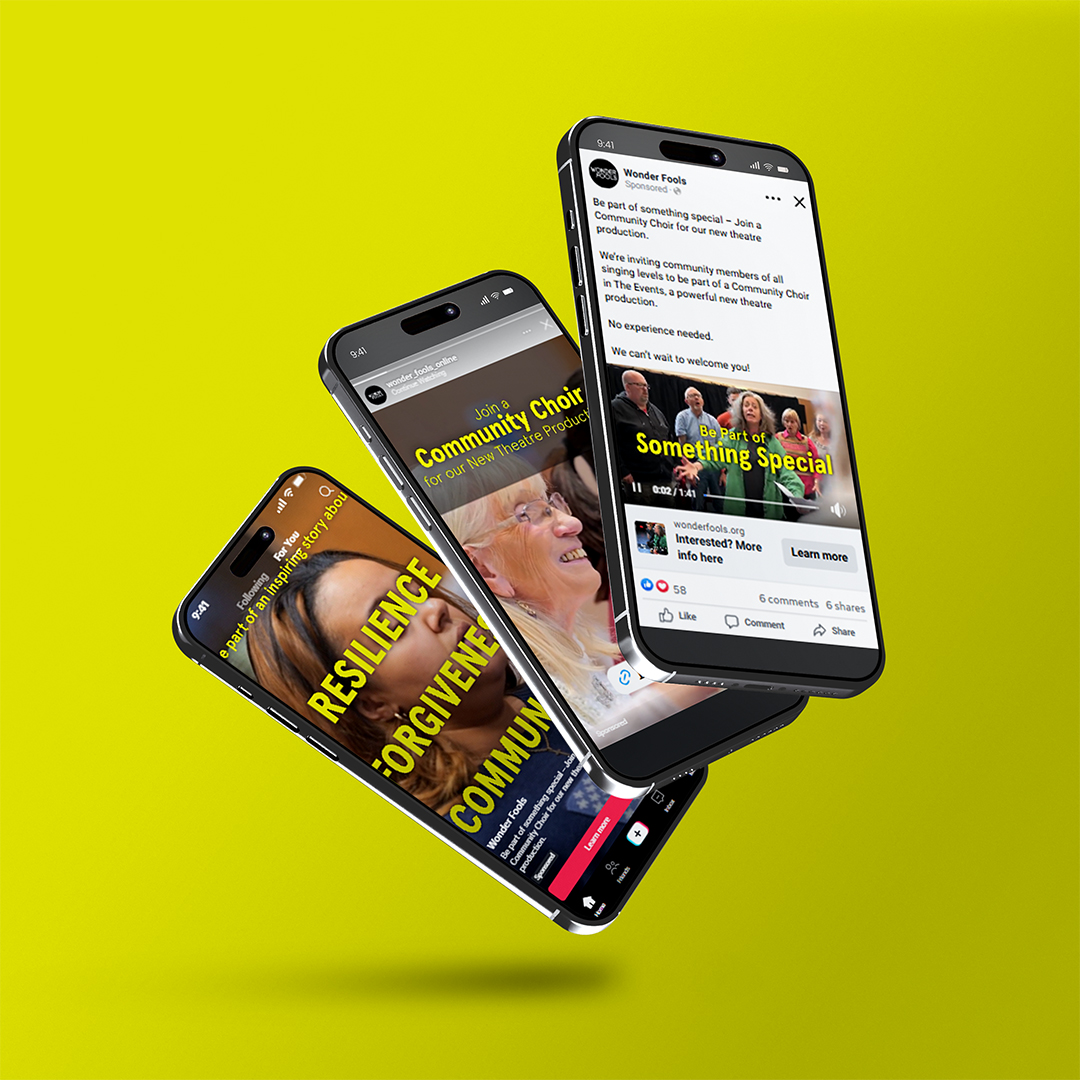 Three phones showing Wonder Fools Facebook adverts inviting people to join a community choir