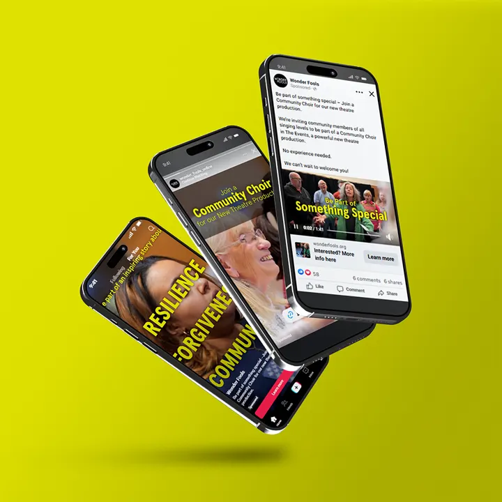 Three phones showing Wonder Fools Facebook adverts inviting people to join a community choir