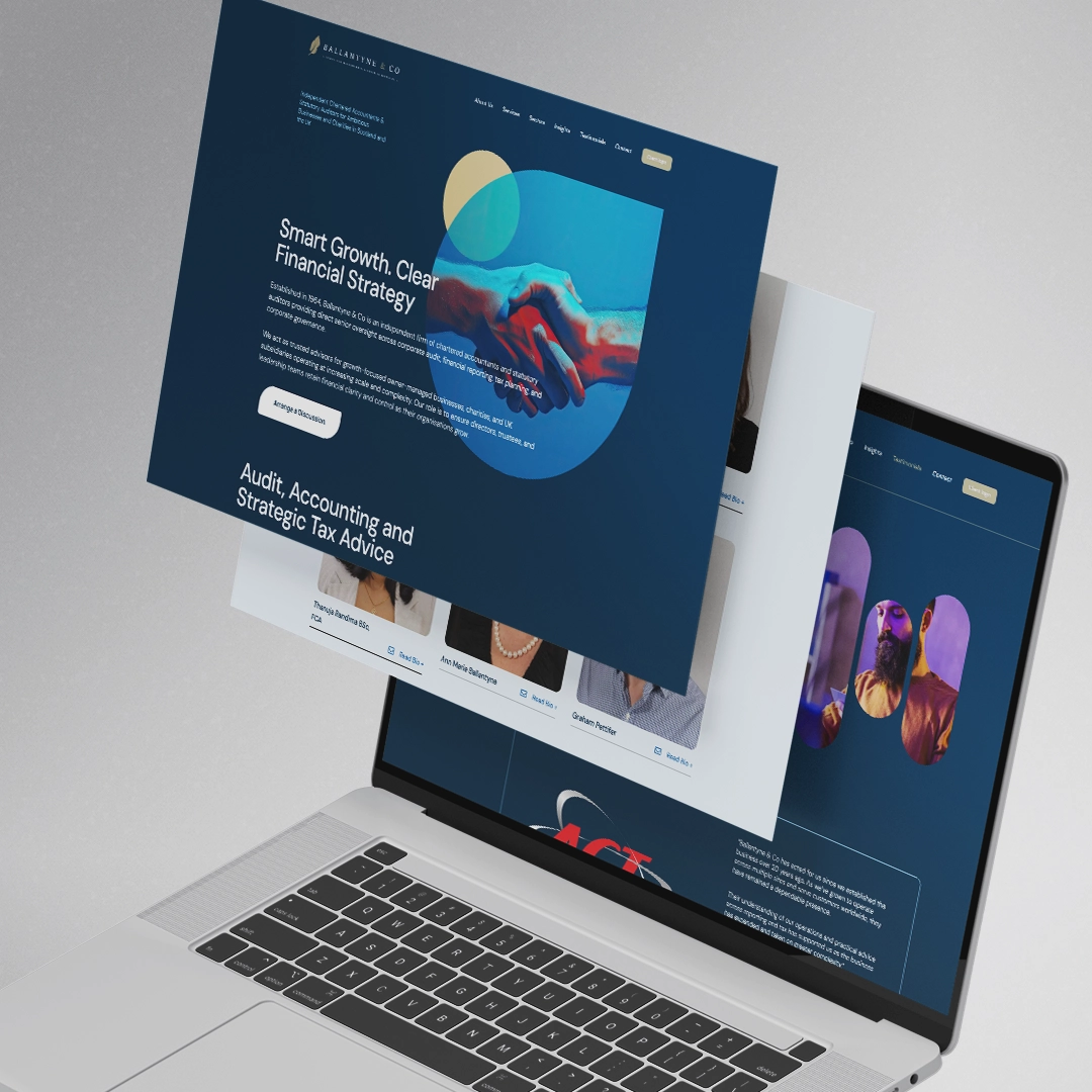 Ballantyne & Co website pages floating above a laptop