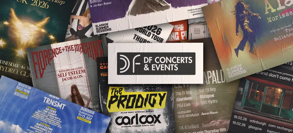DF Concerts & Events logo over a collage of gig and festival posters