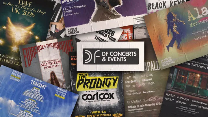 DF Concerts & Events logo over a collage of gig and festival posters
