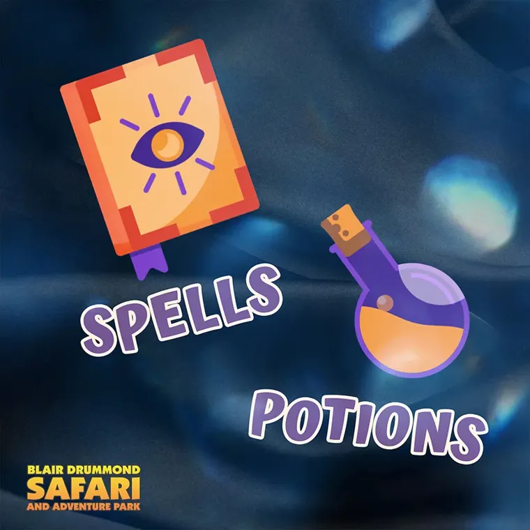 Blair Drummond Safari Park 'Spells and Potions' Halloween graphic with a spell book and potion bottle