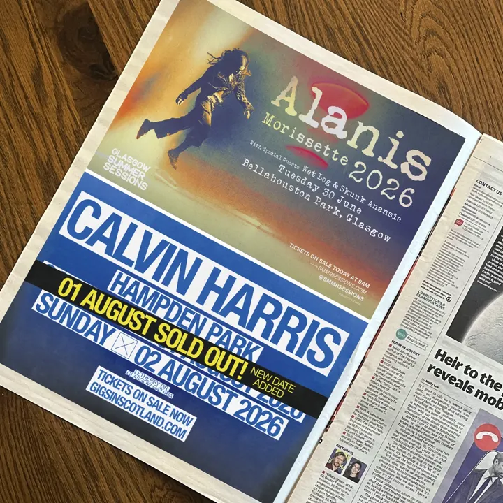 Print advertisements in a newspaper for Alanis Morissette and Calvin Harris concerts by Gigs in Scotland, in Glasgow.