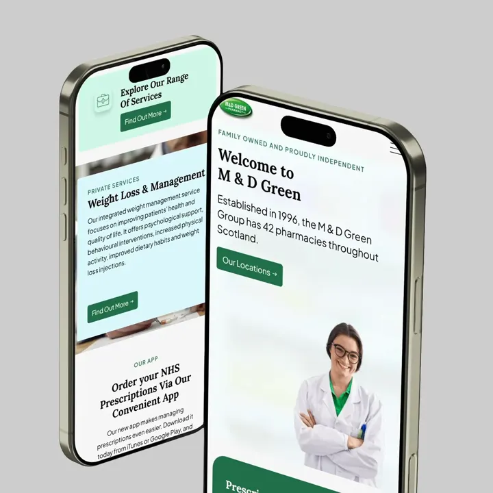 The new M&D Green Pharmacy website shown on a mobile phone
