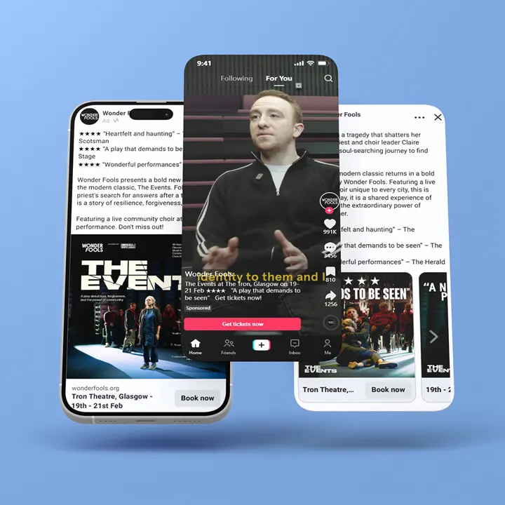 Three phones showing Wonder Fools social media adverts for 'The Events'