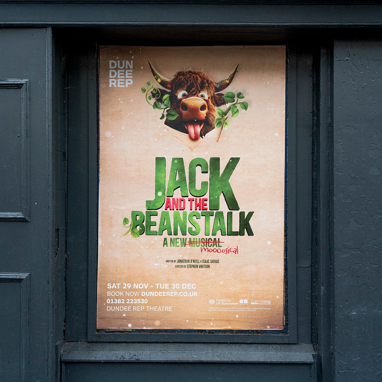 A Dundee Rep 'Jack and the Beanstalk' poster in a theatre doorway: Sat 29 Nov to Tue 30 Dec