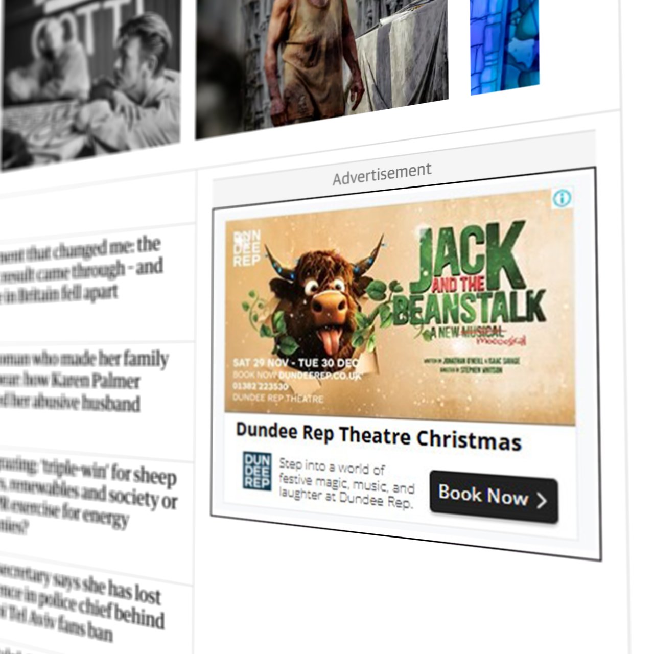 A Dundee Rep 'Jack and the Beanstalk' web banner advert on a news website