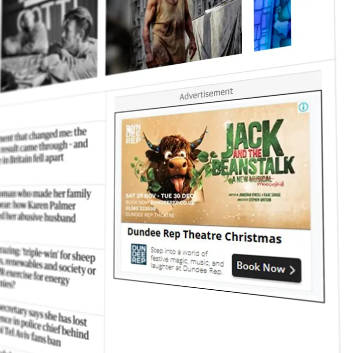 A Dundee Rep 'Jack and the Beanstalk' web banner advert on a news website