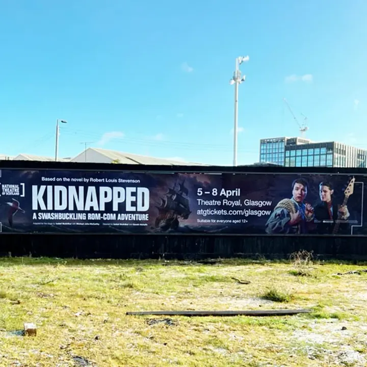 10 in a row printed theater banner for Kidnapped showing show dates and actors against a dark background.