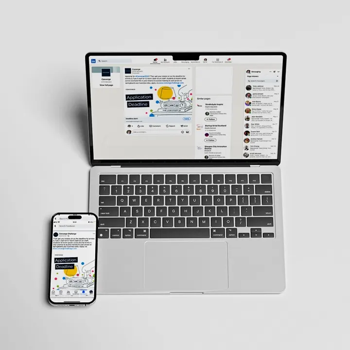 A mobile phone and laptop both displaying a LinkedIn promoted post for the Converge Challenge, featuring bold text and a prominent reminder of the application deadline.