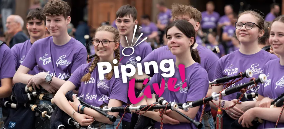Piping Live! Banner showing the logo over people holding bagpipes