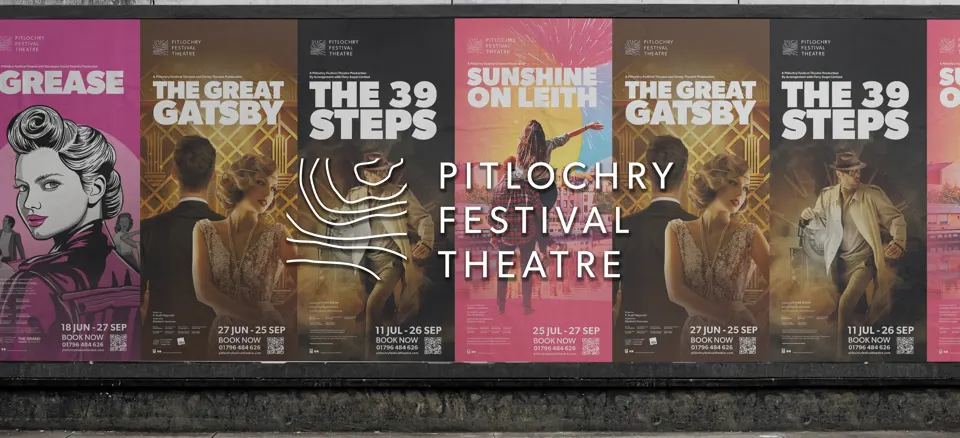 Pitlochry Festival Theatre logo over a row of summer season posters: 'Grease', 'The Great Gatsby', 'The 39 Steps' and 'Sunshine on Leith'