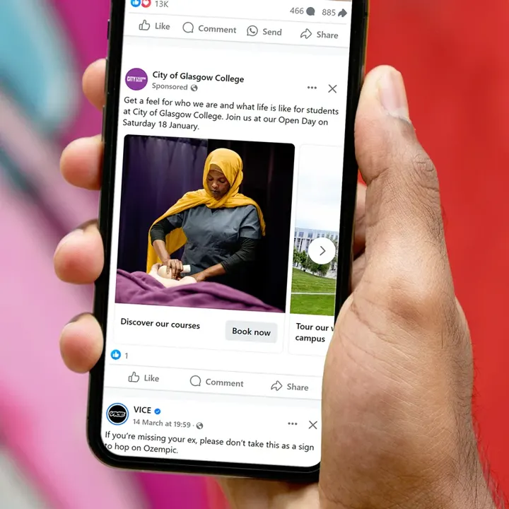 A phone showing a City of Glasgow College sponsored Facebook post inviting people to its Open Day