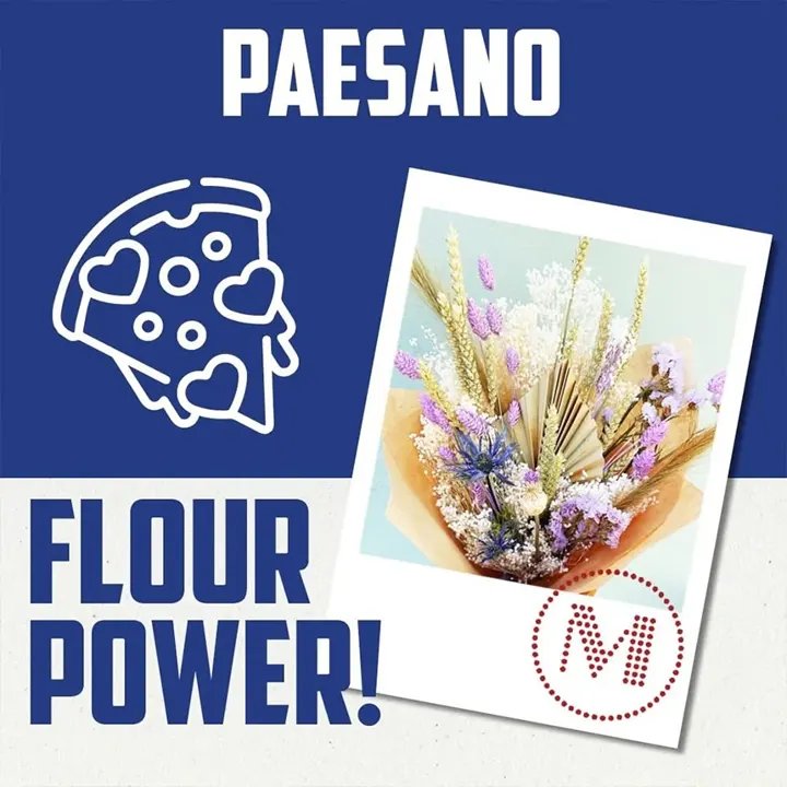 Paesano 'Flour Power!' graphic with a pizza slice icon and a bouquet of dried flowers